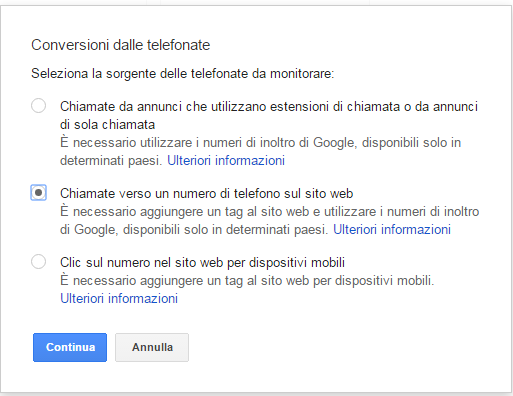 conversione telefono website adwords