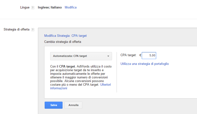 impostare offerta cpa target su google adwords