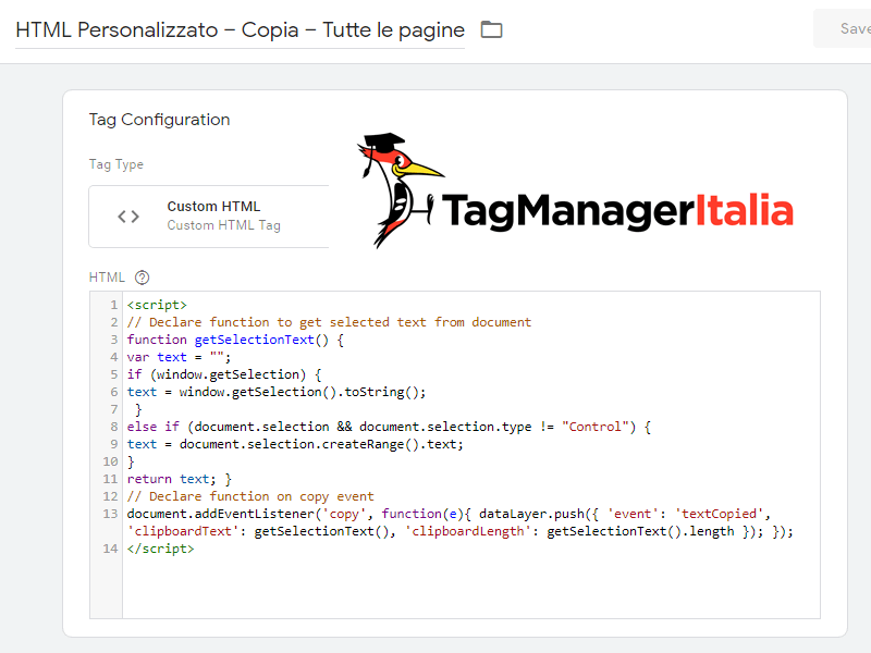 tag tracciare copia testo google tag manager