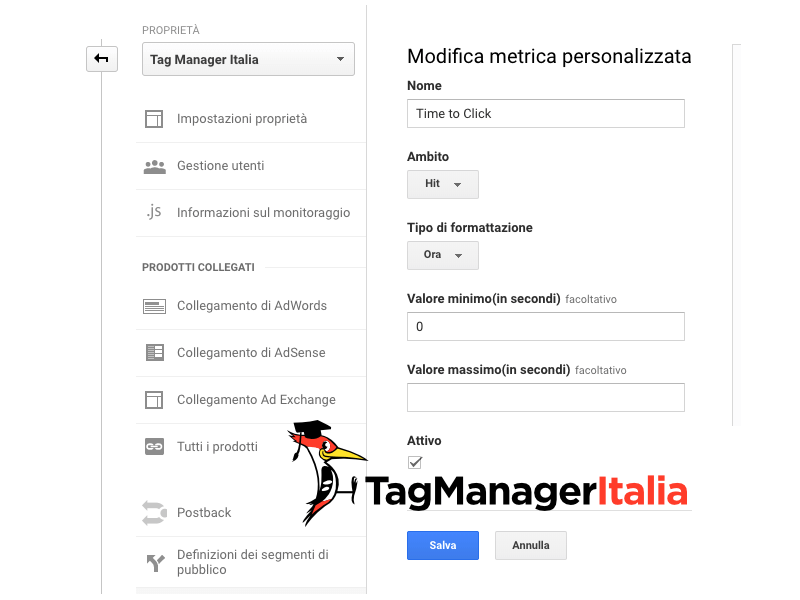 dimensione personalizzata tempo click google tag manager