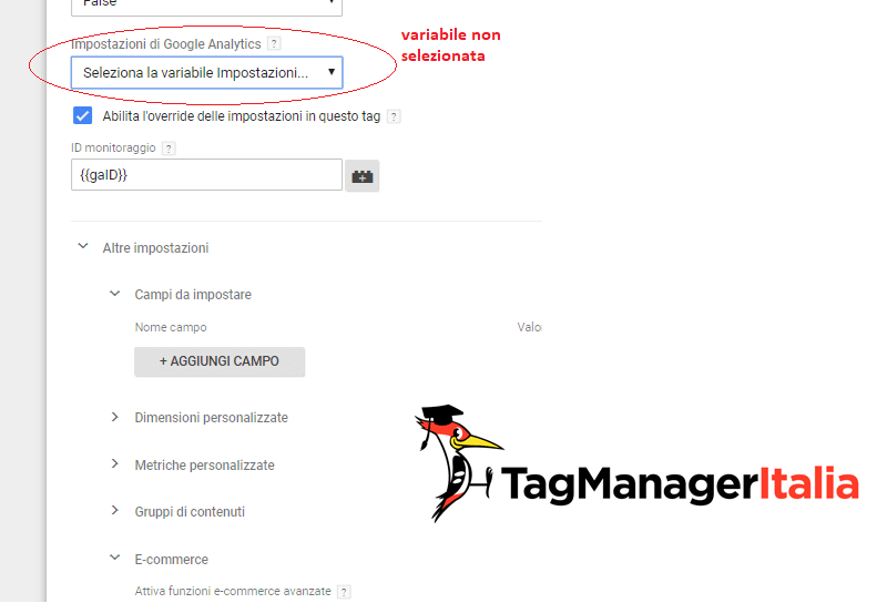 override selezionato google tag manager