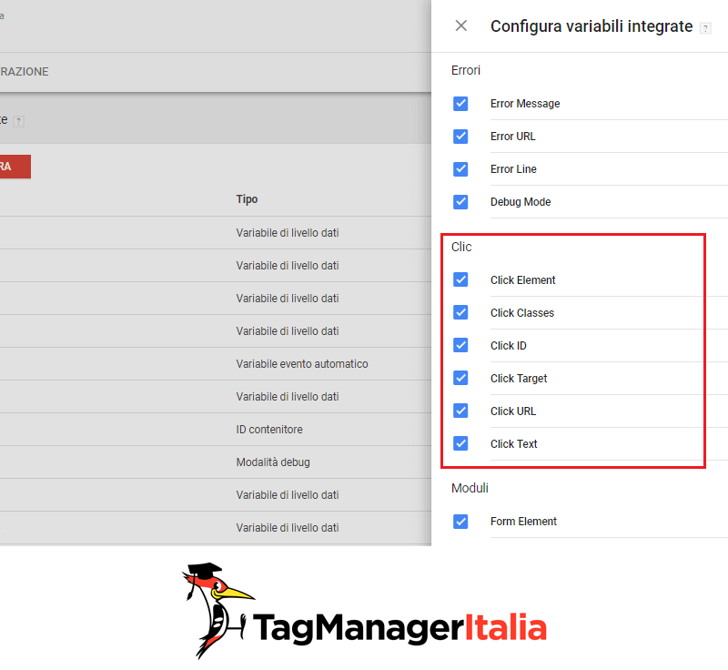 variabili integrate click con google tag manager