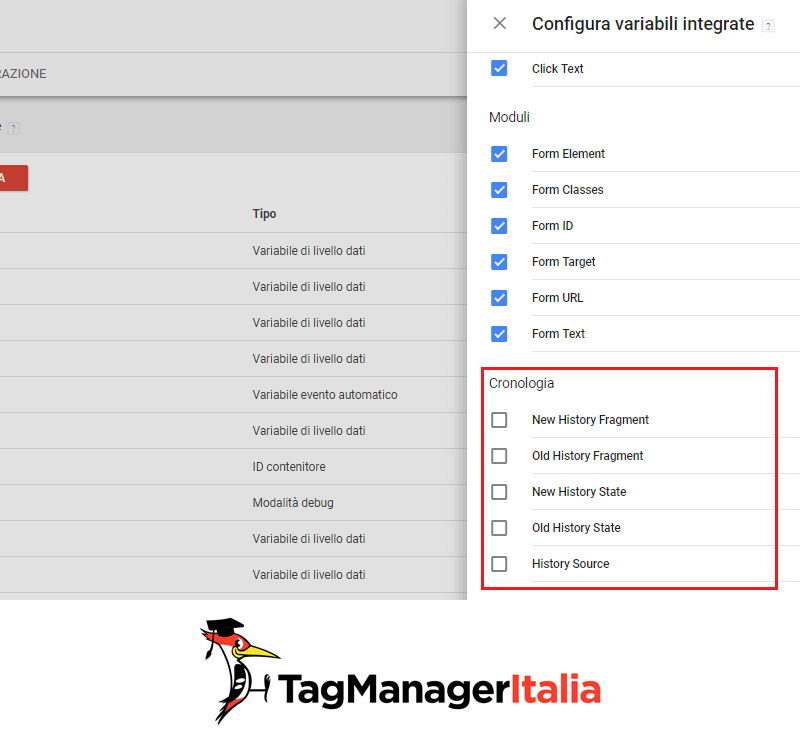 variabili integrate cronologia con google tag manager