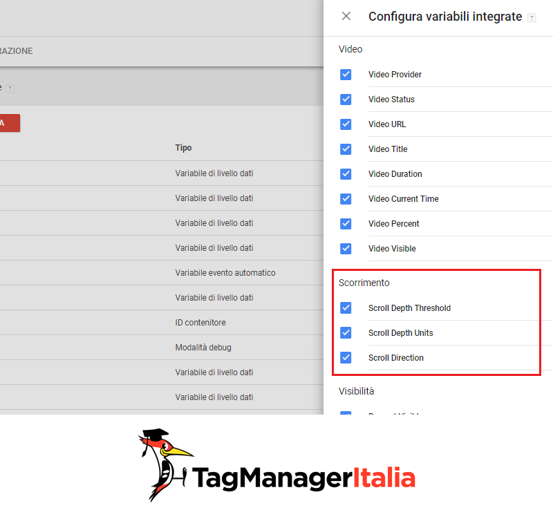 variabili integrate scorrimento con google tag manager