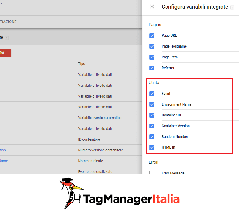 variabili integrate utilità con google tag manager