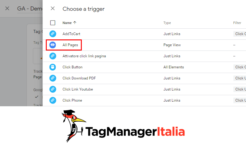 attivatore all pages analytics google tag manager