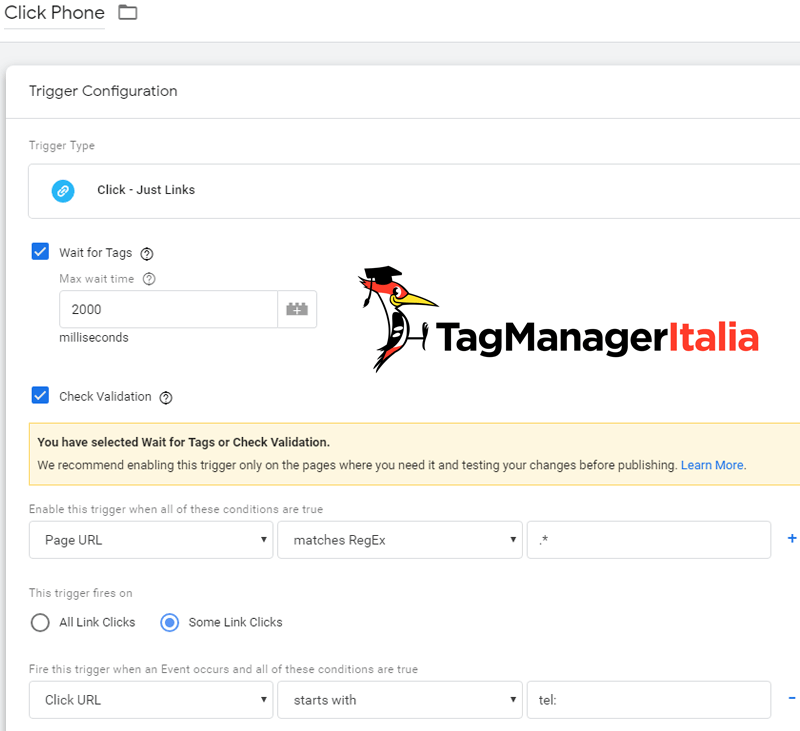 attivatore click phone google tag manager