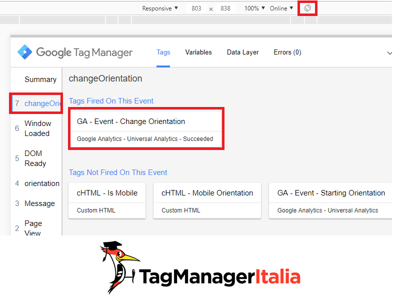 debug attivazione cambio orientation in dispositivo mobile in google tag manager