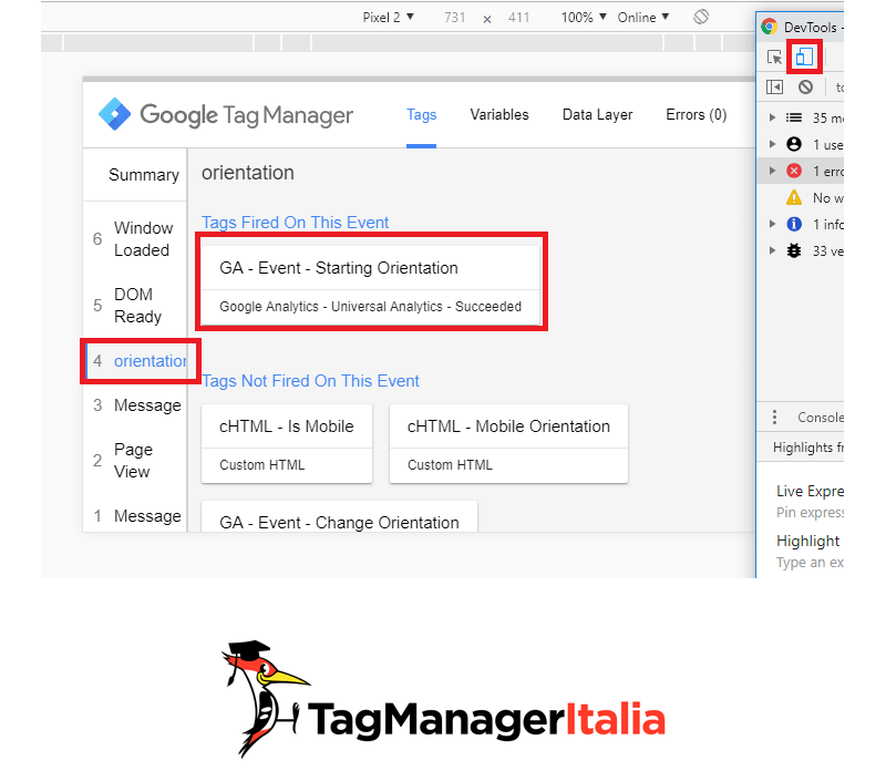 debug attivazione orientation in dispositivo mobile in google tag manager