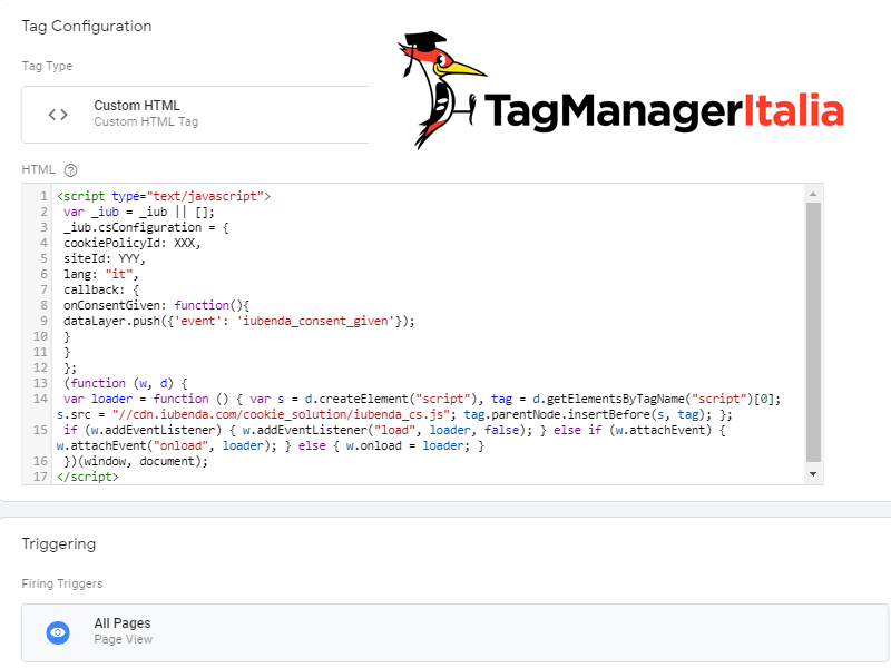 iubenda step 1 tag HTML personalizzato