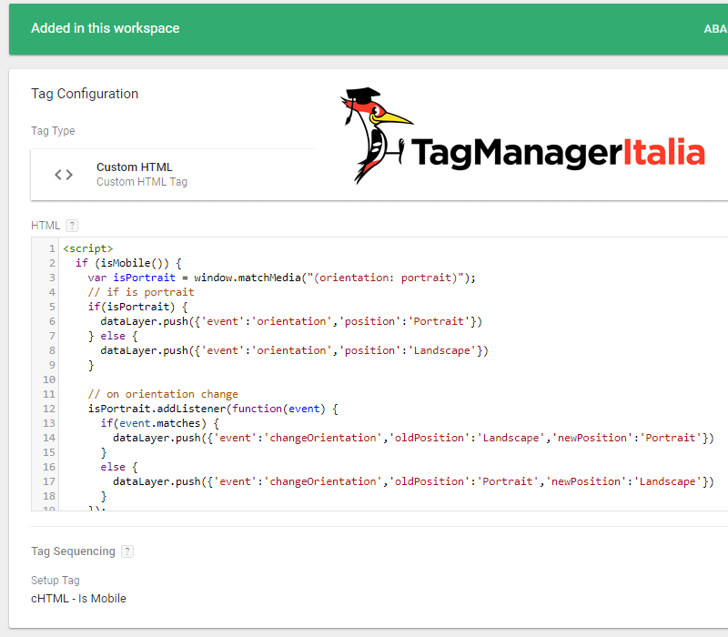 script orientamento dispositivo mobile google tag manager