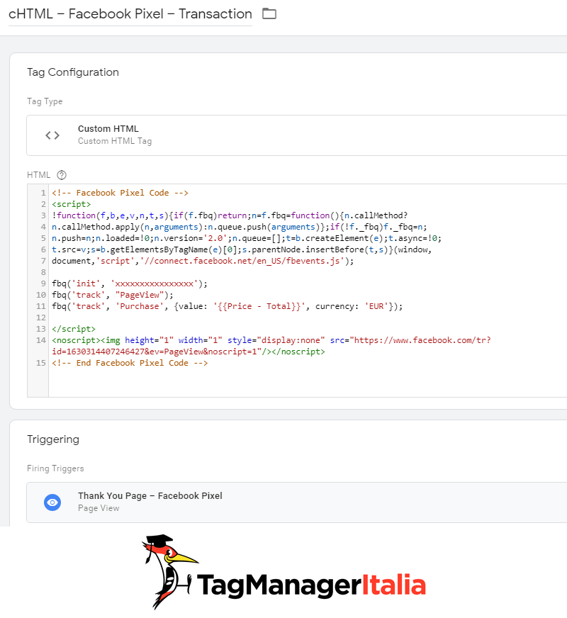 tag implementare transazione pixel facebook google tag manager