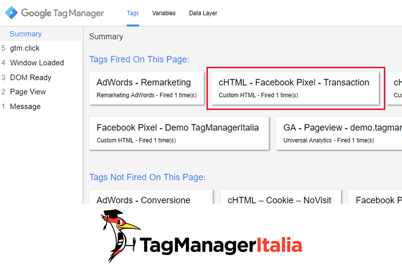 verifica implementare transazione pixel facebook google tag manager-1