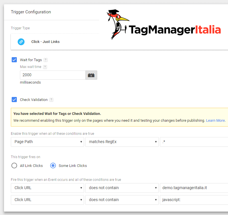 attivatore click link esterno google tag manager