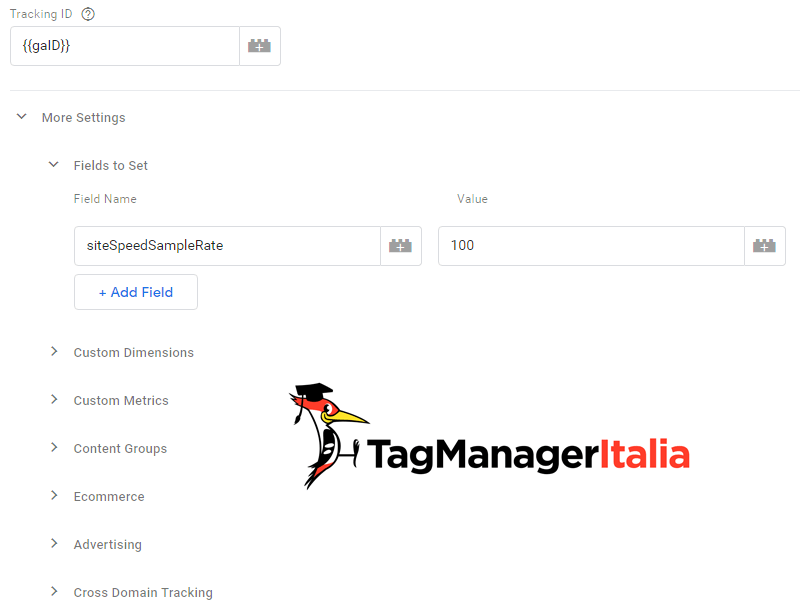 aumentare siteSpeedSampleRate google tag manager