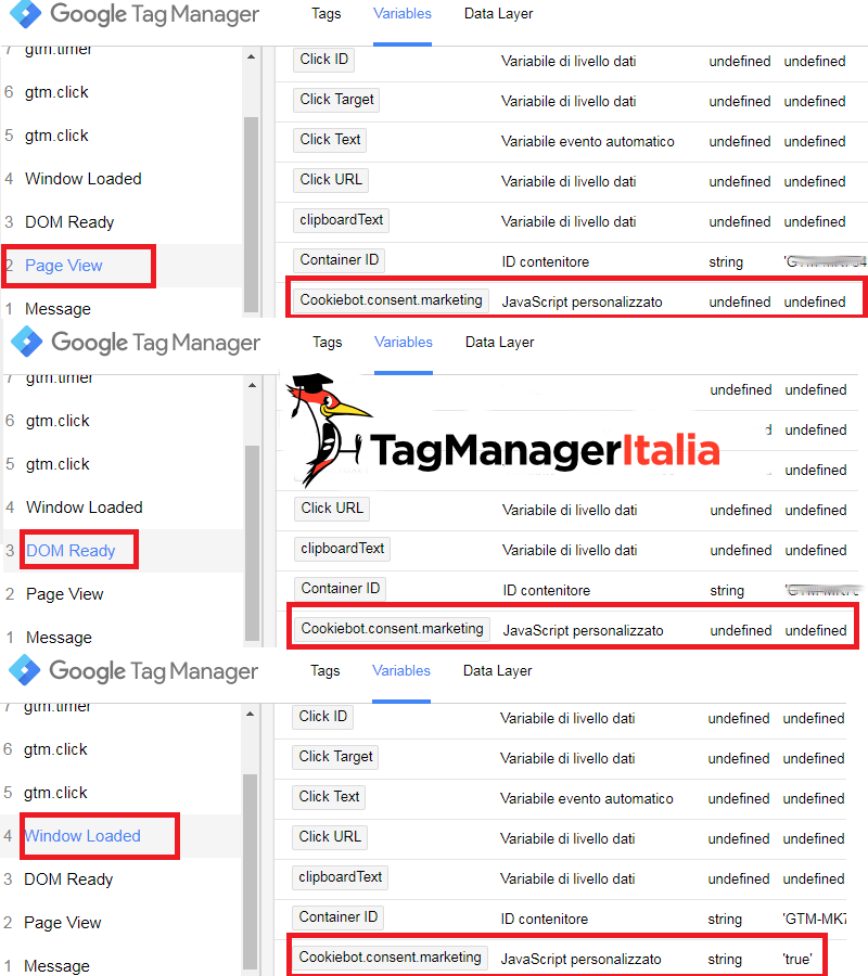 cookiebot con google tag manager step 5 variabile javascript personalizzata problema