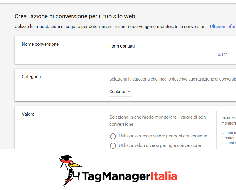 crea azione conversione sito web google ads