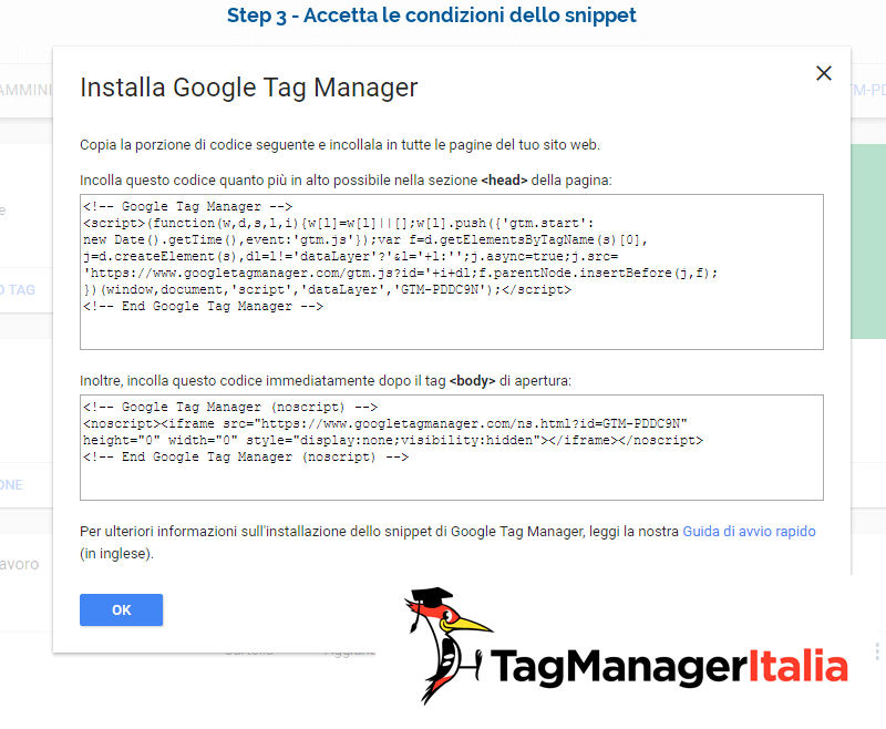 creare account google tag manager snippet step 3