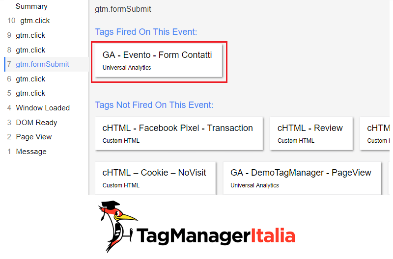 debug2 tracciare modulo contatto google tag manager