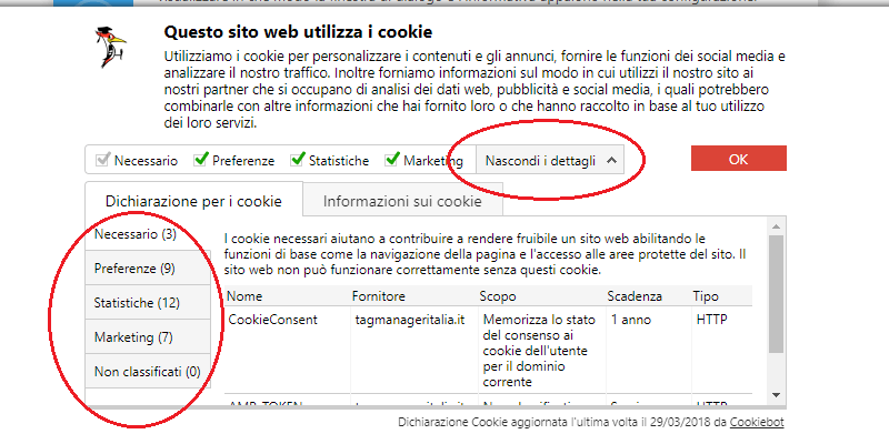 dettagli banner accettare cookie cookiebot gdpr