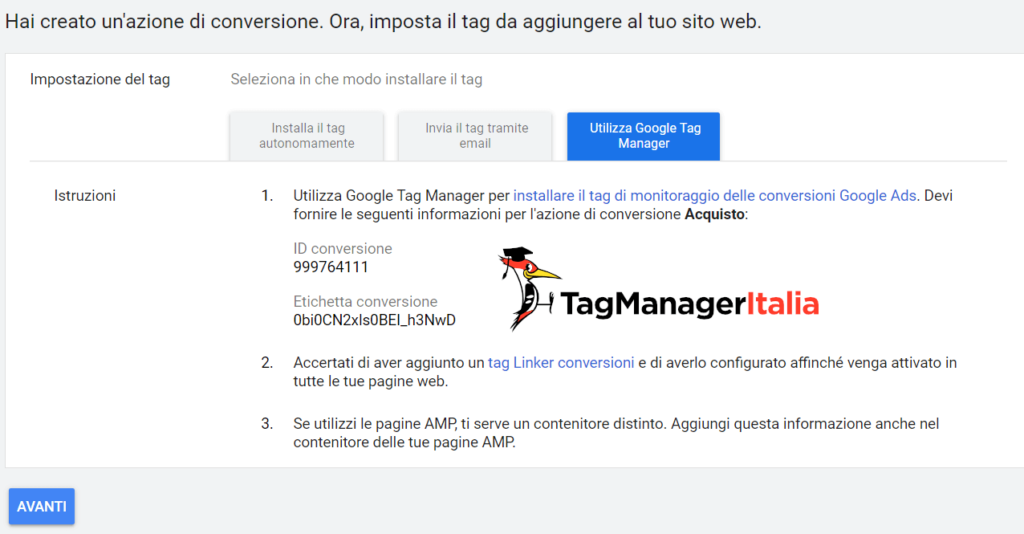 esempio di codice di conversione google ads installato con google tag manager