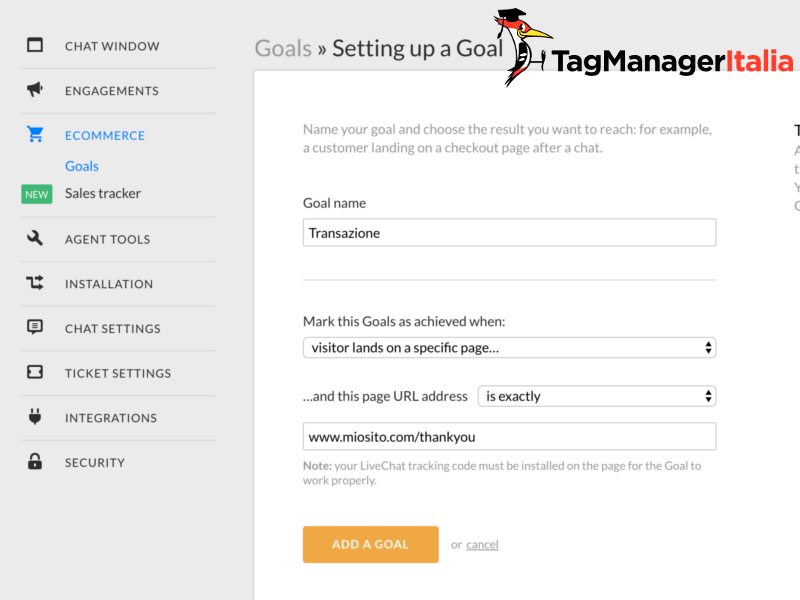 goal livechat google tag manager