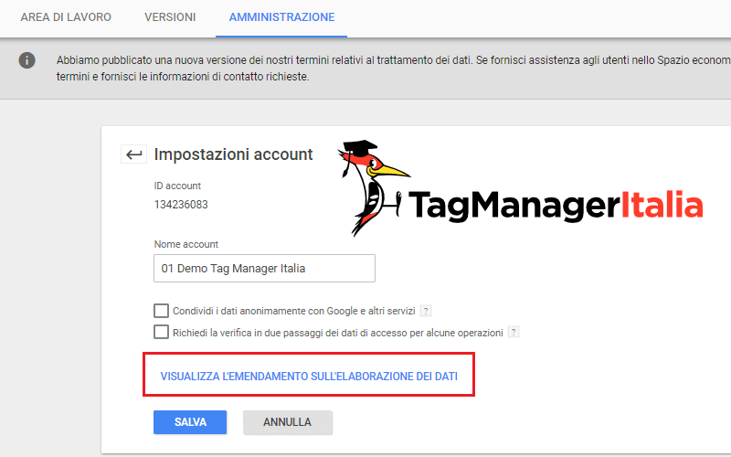 impostazioni termini servizio google tag manager