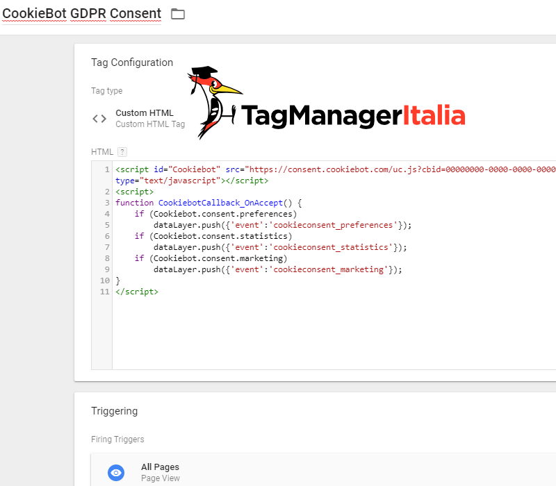 installare cookiebot con google tag manager step 1 installare html