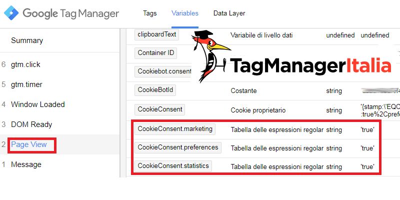 step 3 variabili preferenze risultati in debug cookiebot google tag manager