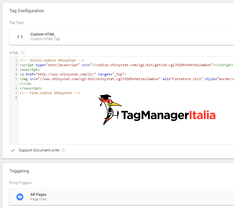 tag per installare shinystat con google tag manager