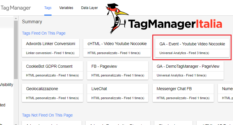 anteprima tracciare video youtube nocookie google tag manager
