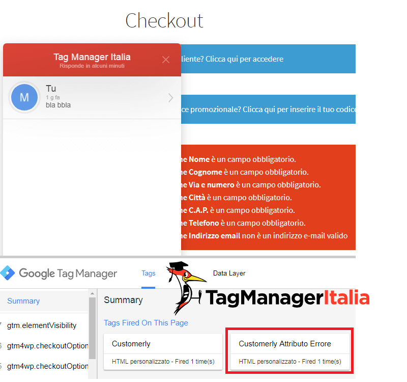 debug gestione attributi customerly con Google Tag Manager