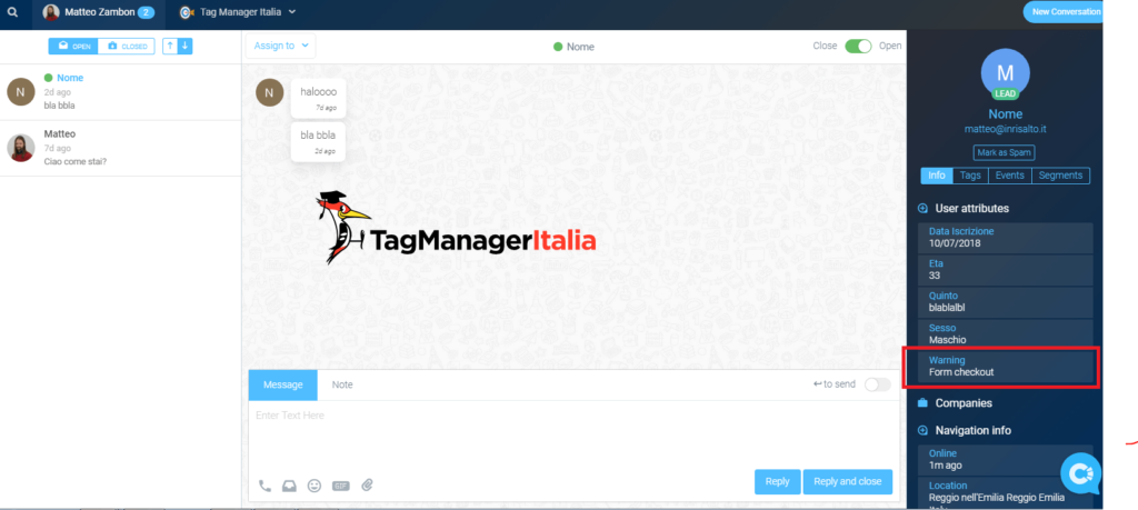 debug su customerly gestione attributi customerly con Google Tag Manager