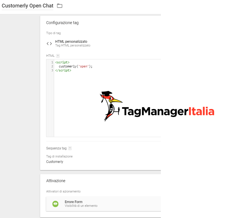 step2 - creazione tag html personalizzato customerly per aprire la chat