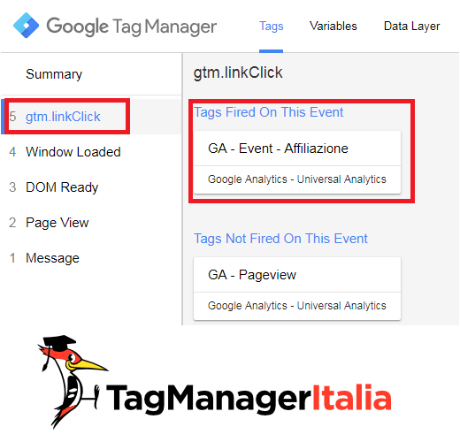 Step 5 - debug tracciamento link di affiliazione con google tag manager