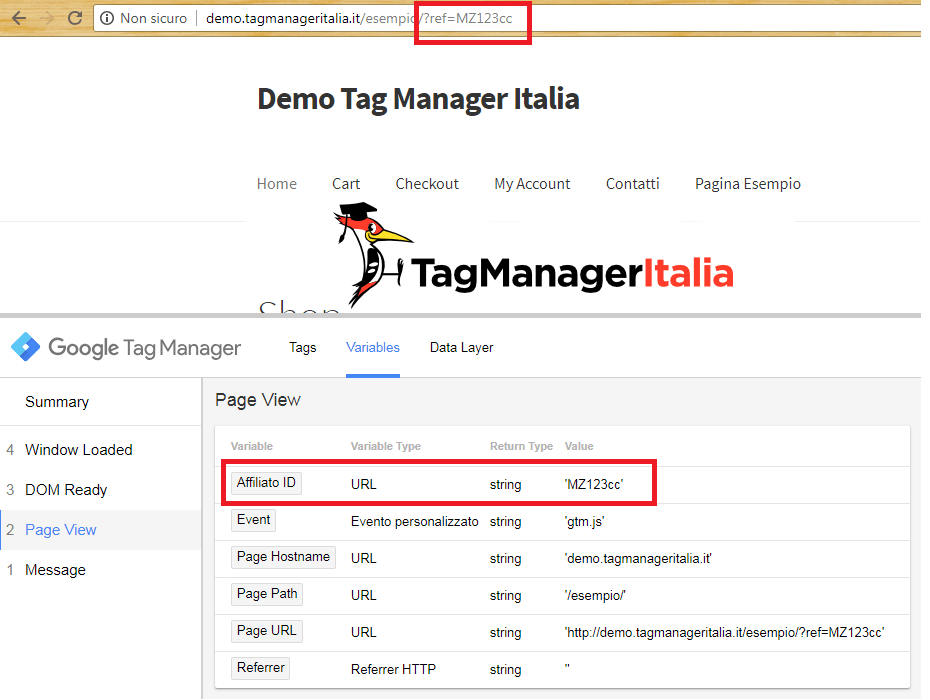 step 1 - debug variabile query string google tag manager affiliato