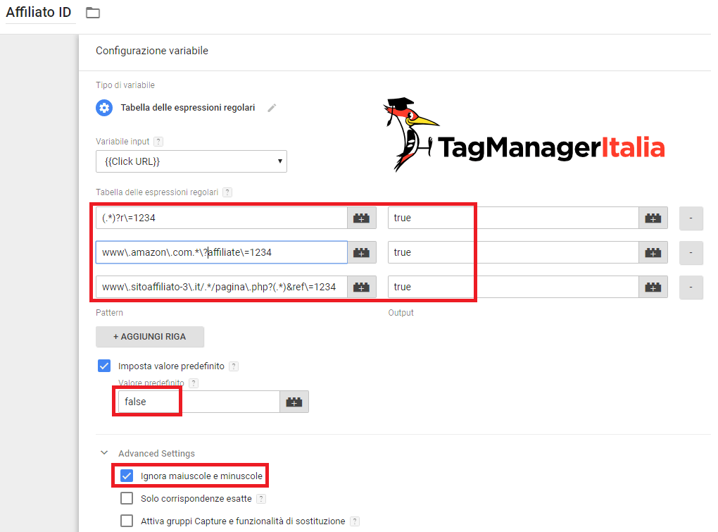 step 2 - creare tabella espressioni regolari per link affiliazioni con google tag manager