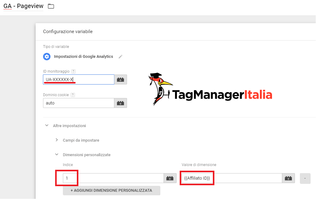step 3 - associa la dimensione personalizzata al tag pageview di google analytics