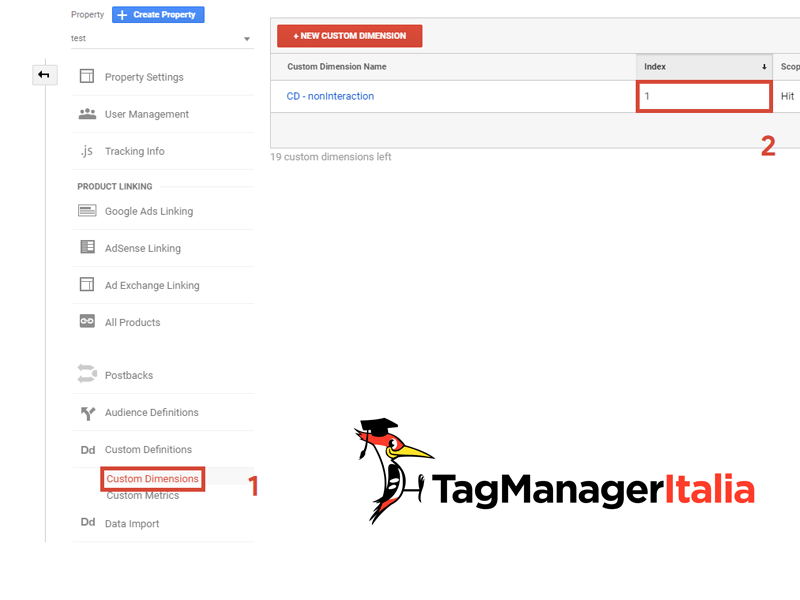 Tracciare nonInteraction in Google Analytics - Step 1 - Indice dimensione personalizzata