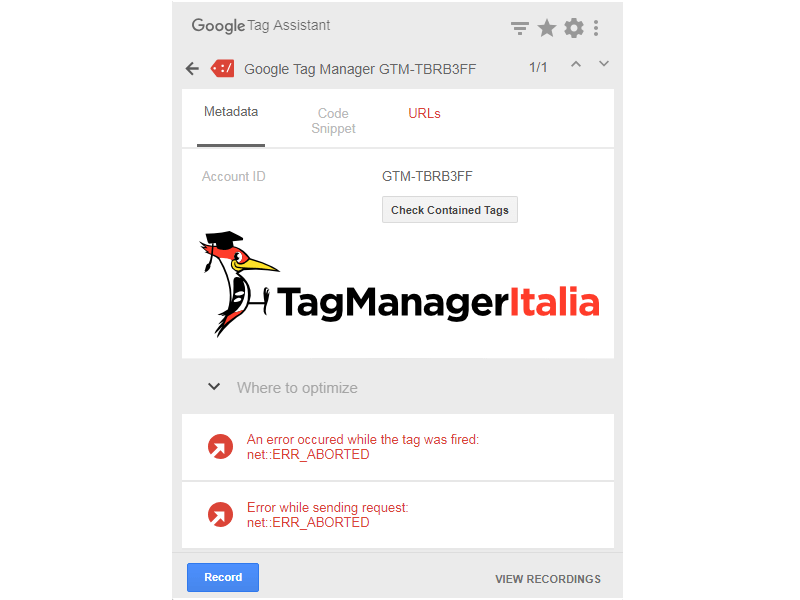 tag assistant error aborted in google tag manager