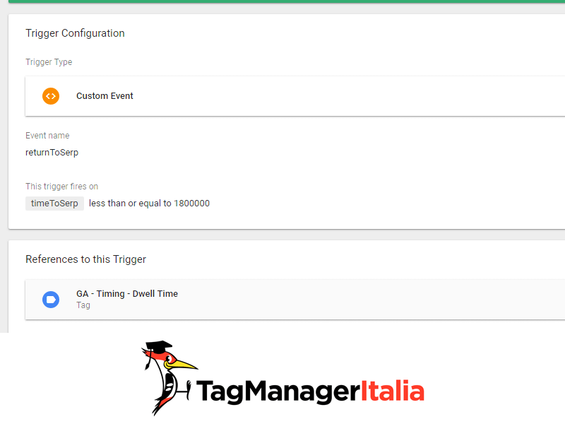 attivatore evento personalizzato time to serp in google tag manager