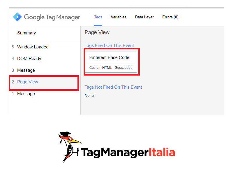 debug attivazione script pinterest in google tag manager