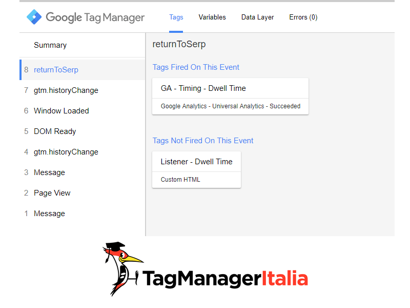 debug console end prima back to serp dwell in google tag manager