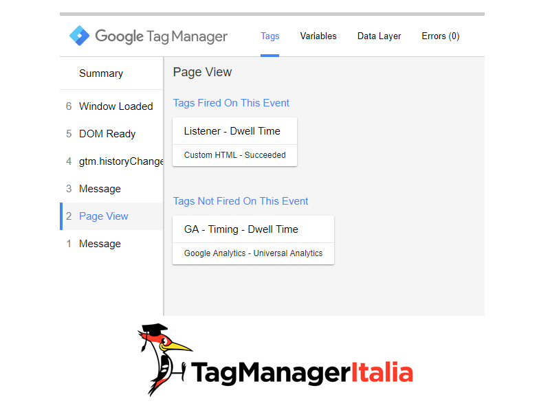 debug console start dwell time in google tag manager