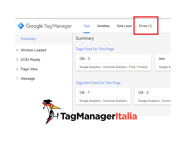 google tag manager tab errors in preview e debug mode