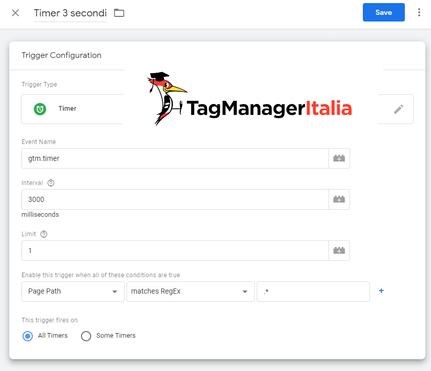 google tag manager timer 3 secondi GTM