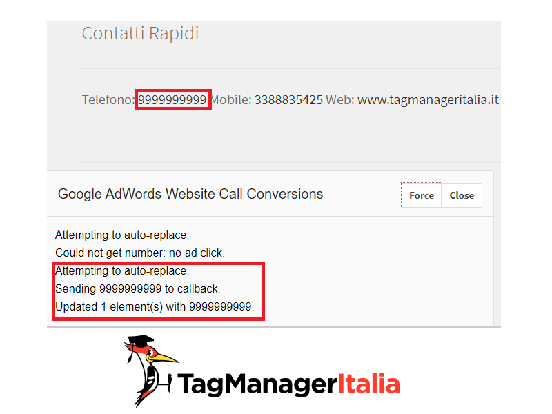 google-wcc-debug forza il proxy google ads per verificare il monitoraggio chiamata telefonica