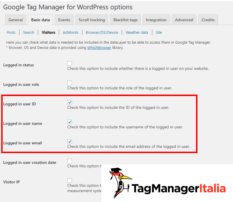 Google Tag Manager for WordPress plugin flag user info