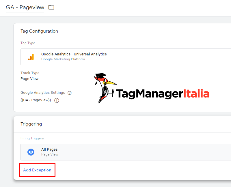 aggiungi eccezione google tag manager