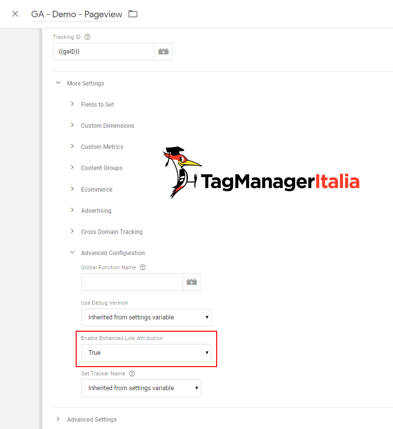 attivare attribuzione link avanzata google tag manager